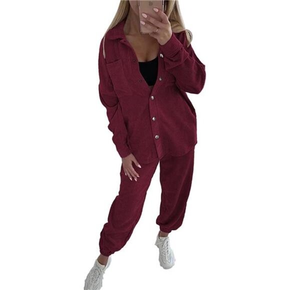 Women's Tracksuit Corduroy Long Sleeve Button Down Jacket and Pants Set